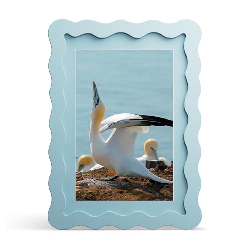 5x7 Picture Frame with Mat for 4x6, Wavy Edge Wooden Real Glass Photo Frame for Tabletop and Wall Hanging, Blue, 1 Pack - color: Blue, size: 5x7 in