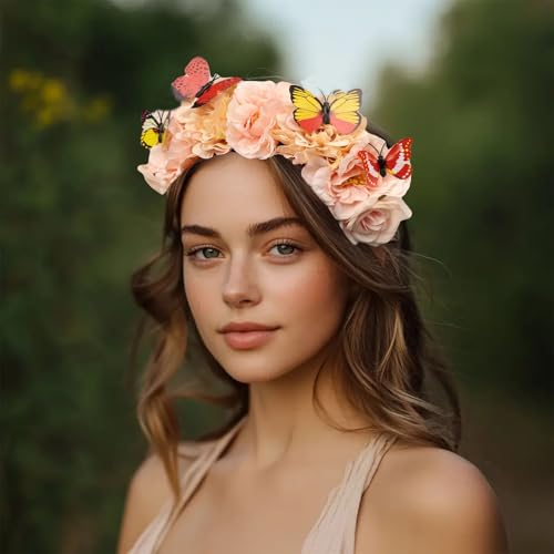 Elegant Butterfly Flower Headband for Women Boho Handmade Rose Floral Crown Wedding Bridal Festivals Cosplay Prom Photo Props Headpiece (B4 pink, Adjustable) - color: B4 pink