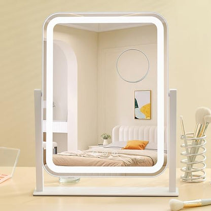 HIEEY Vanity Mirror with Lights, 17.4'' x 13'' Makeup Mirror with Lights, Three Color Lighting Modes, and 5X Magnification Mirror, Smart Touch Control, 360°Rotation (White,Gift Box) - style: 17.4'' x 13'' (96 LED)