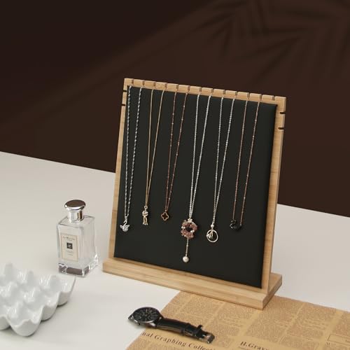 Bamboo Necklace Display Stand, Wood Jewellery Necklace Holder, Chain Jewelry Rack Organizer, Tabletop Display Boards for Home or Shop Sell Show (Black PU) - color: Black PU, size: Medium Size(10.8"X11.8")