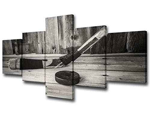 Rustic Hockey Canvas Wall Art for Living Room Old Vintage Hockey Stick and Puck on Wood Texture Background Picture HD Poster Modern House Decoration Artwork Framed Ready to Hang 5 Piece (50''Wx24''H) - color: Artwork-34, size: 50''W x 24''H