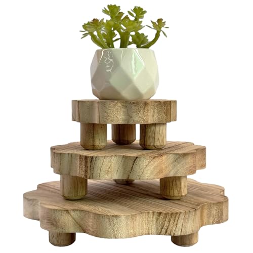 3 Pack Small Scalloped Wood Risers for Display ,Mini Wooden Stands with Removable Feet Farmhouse Rustic Decor for Table Tiered Trays Home Kitchen Decoration (Light Brown, 7.87/5.9/4 Inch) - color: Light Brown, size: 7.87/5.9/4 Inch