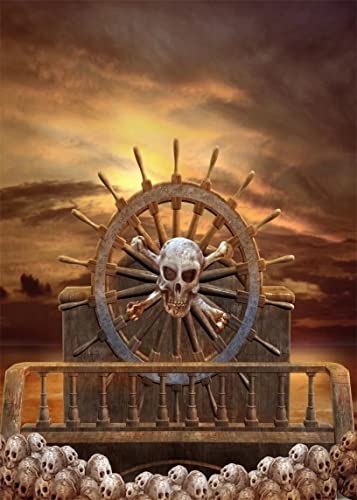 BELECO 3x5ft Fabric Pirate Backdrop - Halloween Decorations with Steering Wheel, Skulls, Gloomy Sky - Photography Background & Props for Kids & Adult Pirate Theme Party & Event - size: 3x5FT