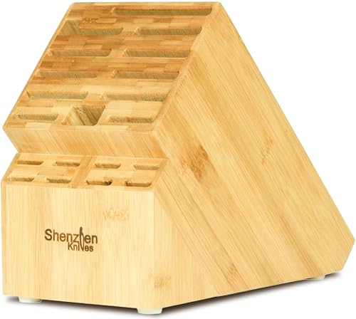 Shenzhen Knives 20 Slot Universal Knife Block: Large Bamboo Finish Wood Knife Block without Knives - Countertop Butcher Block Knife Holder and Organizer with Wide Slots for Easy Kitchen Knife Storage - size: Large