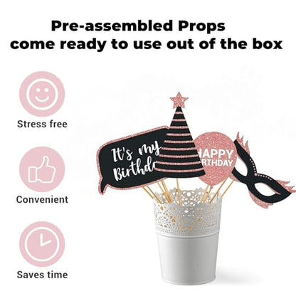 Party Birthday Photo Booth Props, 30Pcs Set of Happy Birthday Selfie Party Supplies with Real Glitter Cute Bday Designs for Women or Girls,Easy to Assemble(Rose Gold) - style: Party Birthday Props