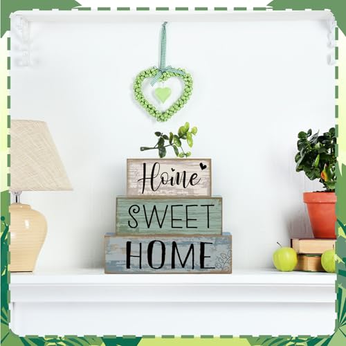 Moucuny 4 Pcs Wooden Farmhouse Table Decor Rustic Home Sweet Home Stacked Blocks Decoration Farmhouse Tiered Tray Decor Decorative Eucalyptus Block Signs Gift for Kitchen Shelf Coffee Table - style: Eucalyptus