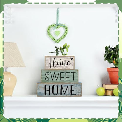 Moucuny 4 Pcs Wooden Farmhouse Table Decor Rustic Home Sweet Home Stacked Blocks Decoration Farmhouse Tiered Tray Decor Decorative Eucalyptus Block Signs Gift for Kitchen Shelf Coffee Table - style: Eucalyptus