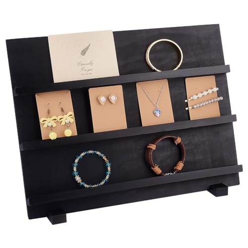 PH PandaHall 3-Tier Wooden Display Stand Earring Holder Sticker Display Retail Jewelry Display Riser Removable Showcase with Slots Earring Display Card Holder for Selling Showing Exhibition Storage - color: Black-3-Tier