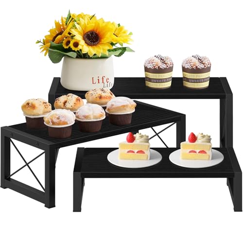 ELITEROO Black 3-Tier Wooden Cupcake and Dessert Display Stand, Multi-Tier Riser for Cupcakes, Food, Perfume, Makeup, Dolls, Collectibles, and Market Vendor Retail Shelf Organizer - color: Black