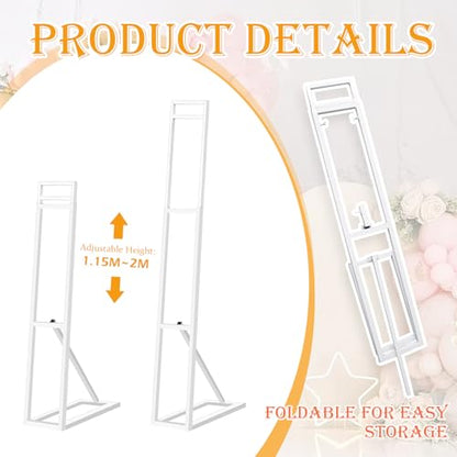 2 Pack White Wedding Backdrop Stand, Adjustable Metal Arch with Foldable Base and Weight Bag, Foam Board Display for Balloon Party and Event Decor (1.15–2m) (2)