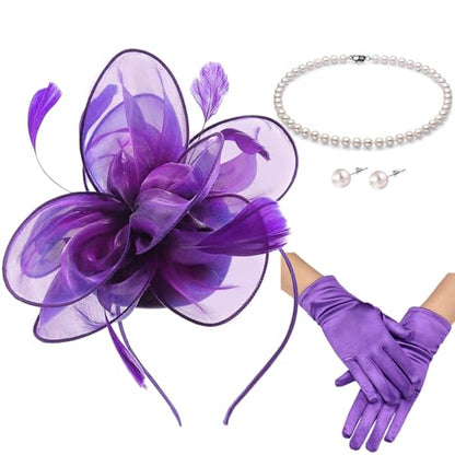 Fascinators Hats with Gloves Set for Women 20s 50s Cocktail Tea Party Wedding Costume Headwear - color: 03-purple