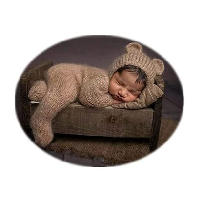 Newborn Photography Props Boys Girls Outfits Mohair Bear Hat Bonnet & Footed Romper Bodysuit Photoshoot Costume Set - color: Camel