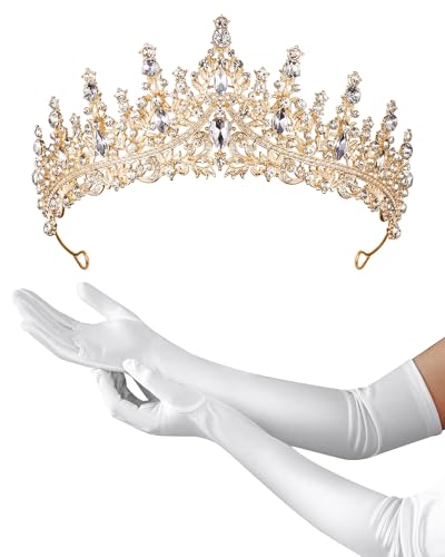 Princess Tiara Crown with Satin Gloves Set Crystal Headpiece for Graduation Prom and Party Photo Props - color: Gold, style: D