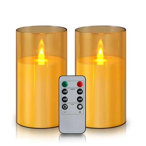 wemarry Flameless Candles Acrylic Glass Pillars 3" D x 6" H Battery Operated Flickering Candles Include 8-Key Remote with Timer Function 400+ Hours (Amber, Warm Light 2 Pack) - color: Amber, size: Warm Light 2 Pack