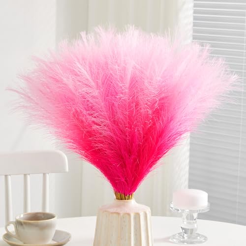50pcs Faux Pampas Grass,17.7" Artificial Fluffy Pampas Grass Decor Short Fake Pompos for Home Room Birthday Party Centerpieces Decoration(Gridient Hot Pink) - color: Hot Pink