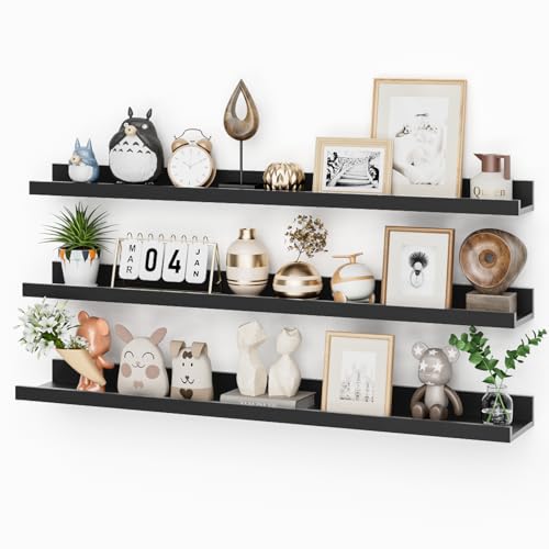 Heimlove 36 Inch Picture Ledge Shelf with Lip,Black Floating Shelves for Wall Set of 3,Long Wall Shelves in Varying Depths for Living Room,Bedroom,Nursery,Bookshelf - color: Black, size: 36'', Set of 3