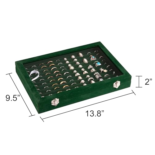 Frebeauty Ring Organizer Tray 100 Slots Ring Holder with Clear Lid Velvet Storage Box Jewelry Tray for Jewelry Store Earring Display Case for Jewelry Show Studs Box for Women(Blackish Green) - color: Blackish Green