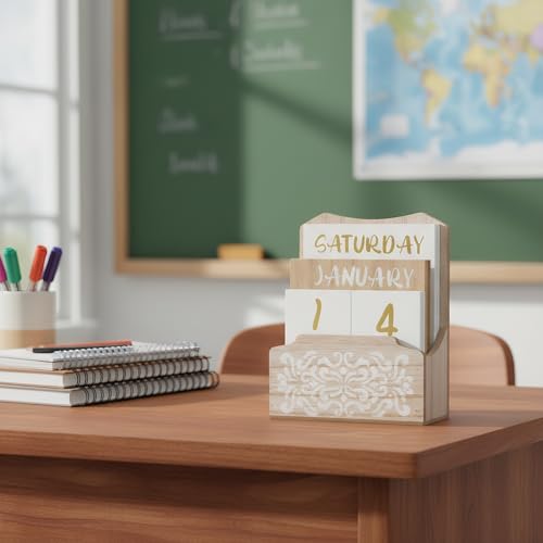 Nicunom Wooden Block Perpetual Calendar for Desk, Daily Desktop Calendar Vintage Wood Month Week Date Display Blocks Rustic Farmhouse Home Office Decor for Teachers, Students, Classroom