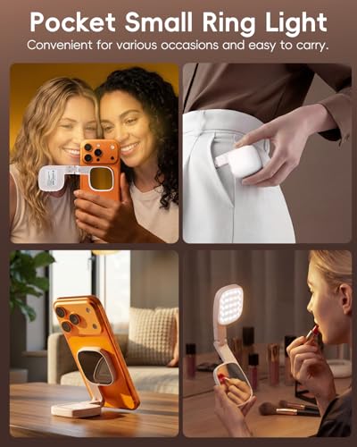 Magnetic Selfie Light for Video Calls, 360° Foldable Ring Light with 3 Colors & Dimmable Brightness, 1000mAh, MagSafe Compatible with iPhone 17-12 & All Phones for Zoom/TikTok/Selfie（White）