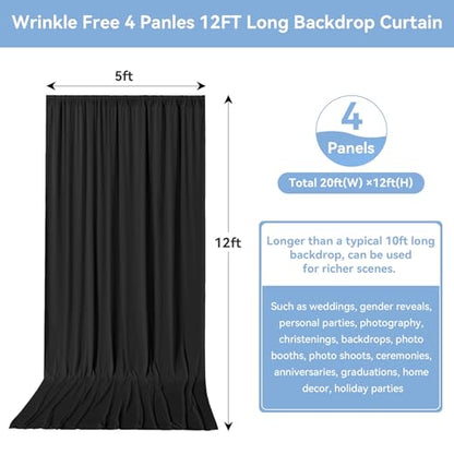 20ftx12ft Black Backdrop Curtain -Wrinkle Free Black Drapes for Birthday Parties, Photography, and Wedding Receptions-4 Panels 5FTx12FT - color: black, size: W5' x H12'(4 panels)