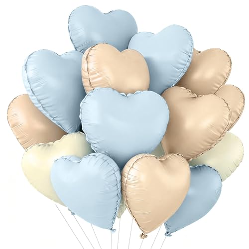 TONIFUL 30Pcs 18 Inch Light Blue Cream White Caramel Balloons Heart Shape Foil Mylar Banners Decoration for Birthday Valentine's Day Wedding Bridal Shower Anniversary Engagement Party Supplies - color: Blue Cream White Caramel