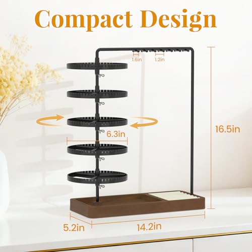 EsLuker.ly Earring Holder Organizer Necklace Display Stand, Jewelry Tree Rack Storage with Wooden Ring Tray for Women Vendors Selling, 5 Tier Plastic Rotating Earring Tower, Prevent Tangling and Mess - color: Black-Brown