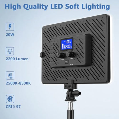 2 Pack Led Video Light Kit, 4000mAh Rechargeable Lithium Battery, Light Panel 2500k-8500k 2200Lux 79 inches Light Stand for Studio Photography Light Video Recording Game Live Streaming