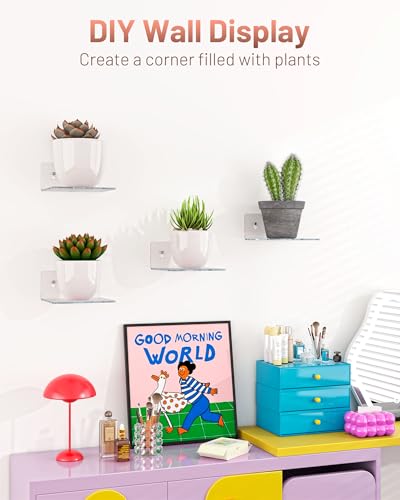 4 Pack Small Wall Shelf - 4" Floating Shelves for Wall Display Ledges for Funko Pop Figures, Plants, Speakers, Durable Plastic Adhesive or Screw Shelves in Bedroom Kitchen Living Room, Clear