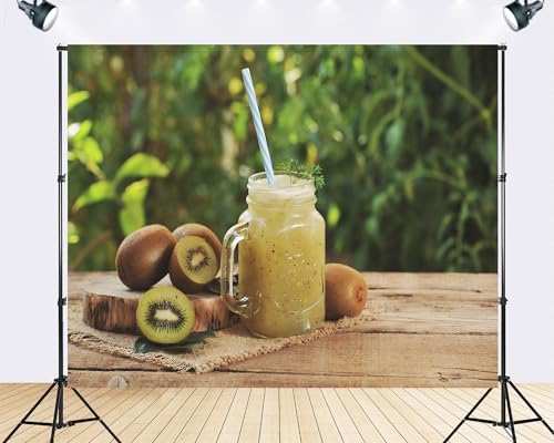 Trykid 8x8ft Kiwi Fruit Smoothie Backdrop Fresh Healthy Drink Wooden Table Organic Food Photography Background Tapestry Party Decoration Photo Studio Prop Fabric Backdrop - size: 8x8ft