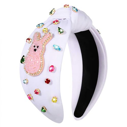 NVENF Easter Headband for Women Beaded Easter Rabbit Bunny Headband White Pink Crystal Pearl Knotted Hairband Happy Easter Hair Accessories Spring Holiday Headwear Outfits Gifts (Bunny A - White) - color: Bunny A - White
