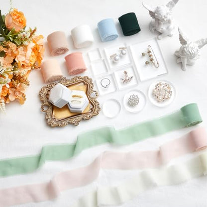 Cinnvoice 20 Piece Flat Lay Photography Props Set for Jewelry & Wedding Details, Vintage Jewelry Tray, Acrylic Display Blocks, Velvet Ring Box & Styling Fabrics
