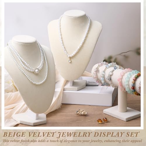 Huquary 6 Pcs Velvet Jewelry Display Set Necklace Display Stand T Bar Bracelet Holder Jewelry Bust for Home Store Trade Show(Beige) - color: Beige