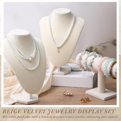 Huquary 6 Pcs Velvet Jewelry Display Set Necklace Display Stand T Bar Bracelet Holder Jewelry Bust for Home Store Trade Show(Beige) - color: Beige