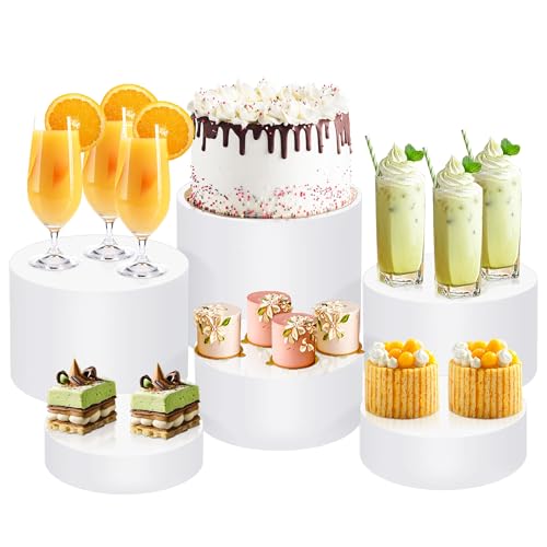 6Pcs Buffet Risers, Food Risers for Buffet Table, Acrylic Round Display Risers with Hollow Bottom, Food Display Stand for Party Jewelry Dessert Figures (Size 6",6.5",6.7",7",7.5",8") - color: White-Round