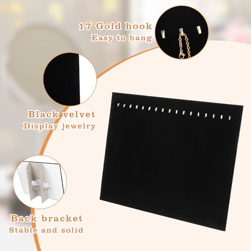 3 Pack Black Velvet Jewelry Display Stands – 17 Hook Necklace Organizer Boards for Boutique, Pop-Up Shops (15 x 12 x 4.5 Inches)
