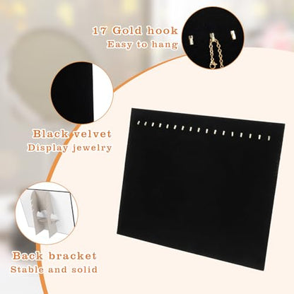 3 Pack Black Velvet Jewelry Display Stands – 17 Hook Necklace Organizer Boards for Boutique, Pop-Up Shops (15 x 12 x 4.5 Inches)