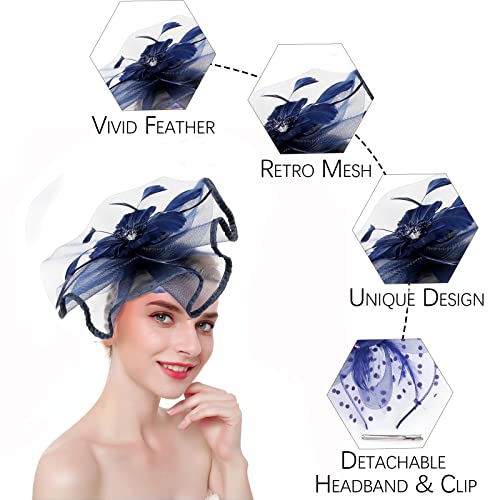 Fascinators Hats with Gloves Set for Women 20s 50s Cocktail Tea Party Wedding Costume Headwear - color: C-navy