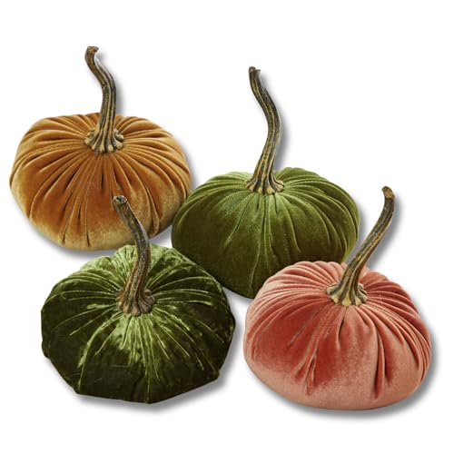 Set of 4 Small Velvet Pumpkins, Thanksgiving tablescape, green pumpkins, gold accent, cozy autumn vibe, fall tiered tray decor, gift set for hostess, hygge home (Luxe Clover, Harvest, Avocado, Gold) - color: Luxe Clover, Harvest, Avocado, Gold
