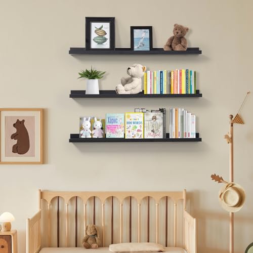 MBYD 36 Inch Picture Ledge Shelf with Lip Modern Black Floating Photo Shelves Natural Wood Set of 3 Same Sizes Frames Albums Display Shelf for Bedroom Bathroom Living Room Kitchen - color: Black, size: Set of 3 36 in
