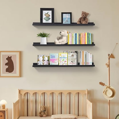 MBYD 36 Inch Picture Ledge Shelf with Lip Modern Black Floating Photo Shelves Natural Wood Set of 3 Same Sizes Frames Albums Display Shelf for Bedroom Bathroom Living Room Kitchen - color: Black, size: Set of 3 36 in