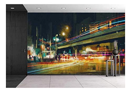 wall26 - Digital Painting of City Street at Night with Colorful Light Trails - Removable Wall Mural | Self-Adhesive Large Wallpaper - 66x96 inches - color: Artwork - 20, size: 66"x96"