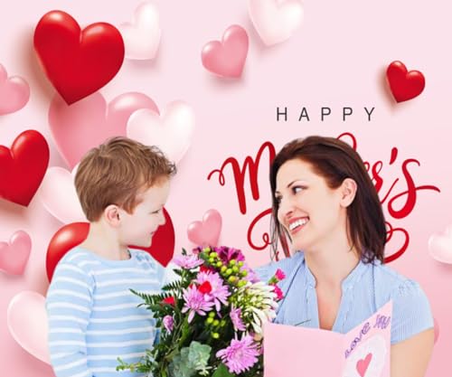Happy Mother's Day Backdrop Red Pink Love Hearts Mothers Day Photography Background 10x8ft Mothers Day Party Banner Decorations Video Shoot Studio Photo Booth Props