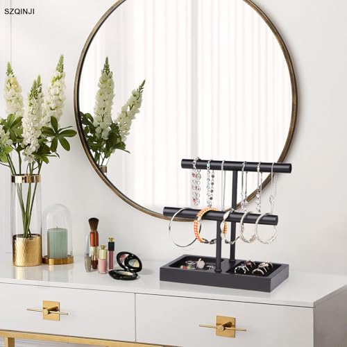 SZQINJI Jewelry Holder Organizers Bracelet Holder Display Stand, Solid Wood Base with 2 Tier Metal T-bar for Bracelet Wristband Bangle Watch Necklace Hanging, Black, Christmas Gift - size: 2 Tier