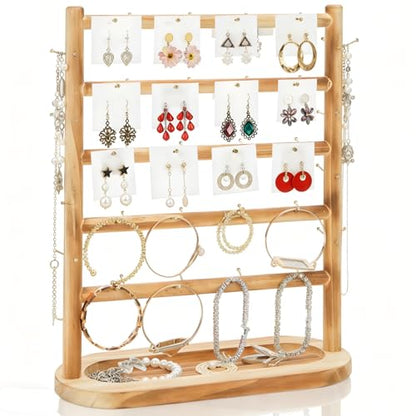 Earring Display Stands for Selling, 5 Tier Wooden Jewelry Display Rack with 56 Hooks for Vendors, Two-Sided Desktop Jewelry Towers Earring Cards Organizer for Bracelets, Rings