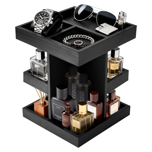 Cologne Organizer for Men, 3-Tier Rotating Perfume Stand - Large Capacity Wooden Display Shelf & Storage for Fragrance, Watch, Sunglasses - Modern Desk, Dresser Top, Bathroom Organizer - Birthday Anniversary Ideal Gift for Husband, Boyfriend, Father