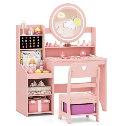 Costzon Kids Vanity, Girls Vanity Set with Mirror and Lights, Jewelry Storage, Shelves, Princess Toddler Makeup Vanity Desk Dressing Table, Wooden Kids Vanity Table and Chair Set (Pink) - style: Pink with Jewelry Storage