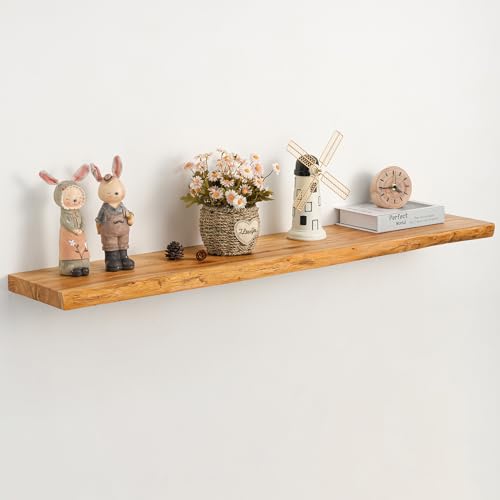 48" Rustic Elm Floating Shelves - Solid Wood Live Edge with Invisible Brackets, Wall Mounted Shelf for Living Room, Kitchen & Bathroom Decor, Natural - color: Clear Natural, size: 48"L, 1-Pack