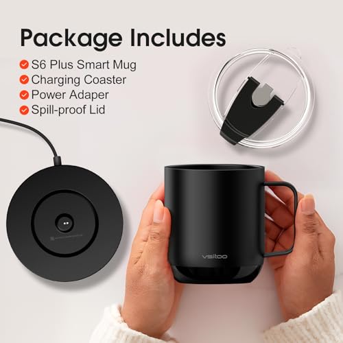 Vsitoo S6 Plus Smart Coffee Mug, 12oz,Temperature Controlled Mug & Electric Coffee Mug with Music Sync Lights，Auto-Sensing AI Heats Drinks to 120-150°F Hands-Free. Ideal for Home/Office/Gifts - Black - color: Black