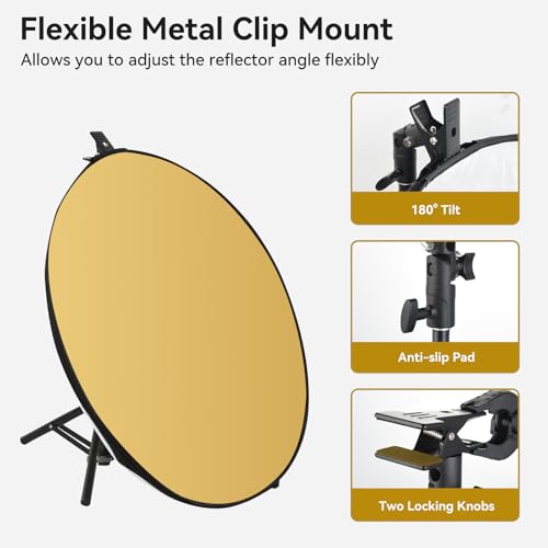 UTEBIT 24"/60cm Reflector Photography, Collapsible Light Reflector with Clamp & Bag, 5-in-1 Photography Reflector Translucent/Silver/Gold/White/Black with 3/8" Thread for Studio Outdoor Lighting - size: 24 Inch