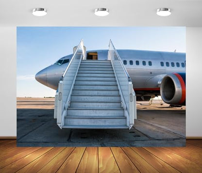 BELECO 9x6ft Fabric Airplane Backdrop Passenger Aircraft with Boarding Steps at The Airport Apron Background for Party Decorations Birthday Shoot Studio Booth Photo Props - size: 9x6FT